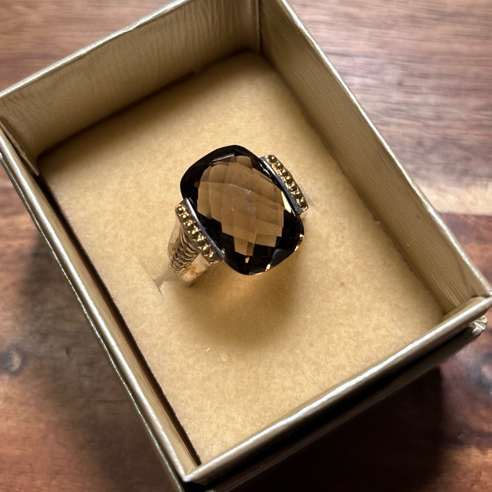 Two-tone Smoky Quartz Sterling Silver 925 Statement Ring Size 10
